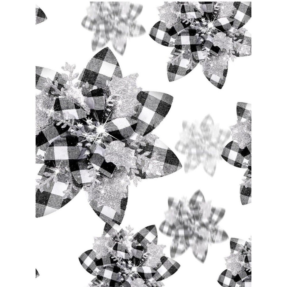 Black & White Buffalo Check Plaid Artificial Flowers With Clips, 20 Pc Set